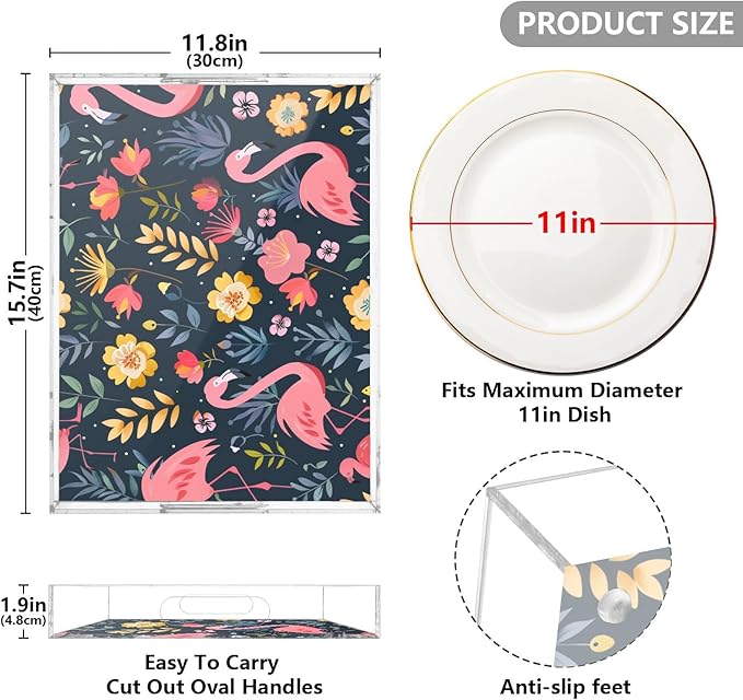 Serving Tray with Handles Clear Acrylic Tray 12x16 Inch Decorative Rectangular Tray Organizer for Ottoman Coffee Table Bathroom Flower and Flamingo Black