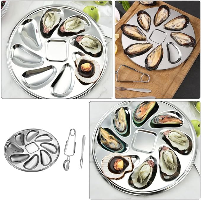 UPKOCH 1 Set of Stainless Steel Oyster Serving Tray, Shell Plate with Fork and Opener Tool, Silver, 9 Inch Diameter, for Home and Restaurant Use