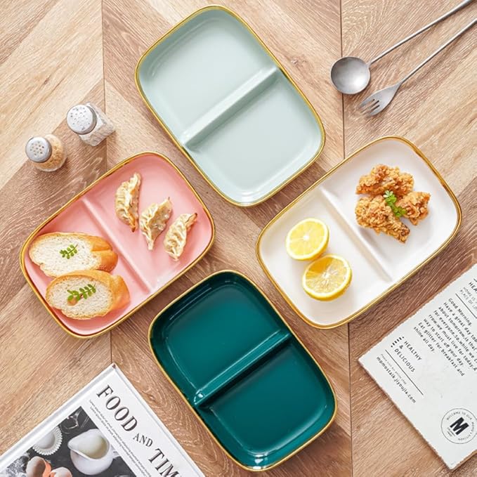 Porcelain Healthy Eating Plate, Ceramic 2 Compartment Divided Plates, Portion Control Plates for Adults Weight Loss, Length: 23.8cm/9.37 inch