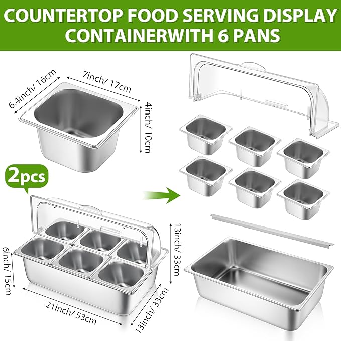 2 Pack Countertop Food Serving Display Container Stainless Steel Food Serving Tray Buffet Condiment Dispenser Display Rack with Clear Roll Top Cover for Buffet(6 Pan and 6 Pan)