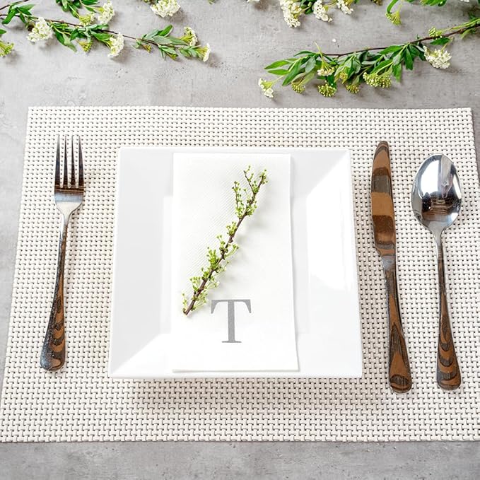 Luxenap 15.8 X 7.9 Inch Linen-Feel Guest Towels, 50 Lettered Hand Towels - Silver Letter 'T', Sans Serif Font, White Paper Dinner Napkins, airlaid, For Restrooms And Tables - Restaurantware