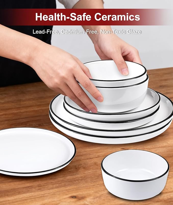 12 Pieces Ceramic Dinnerware set,Plates and Bowls Sets for 4,White Dinnerware Set for Kitchen, Modern Design Plate Sets with Black Rim, Microwave and Dishwasher Safe