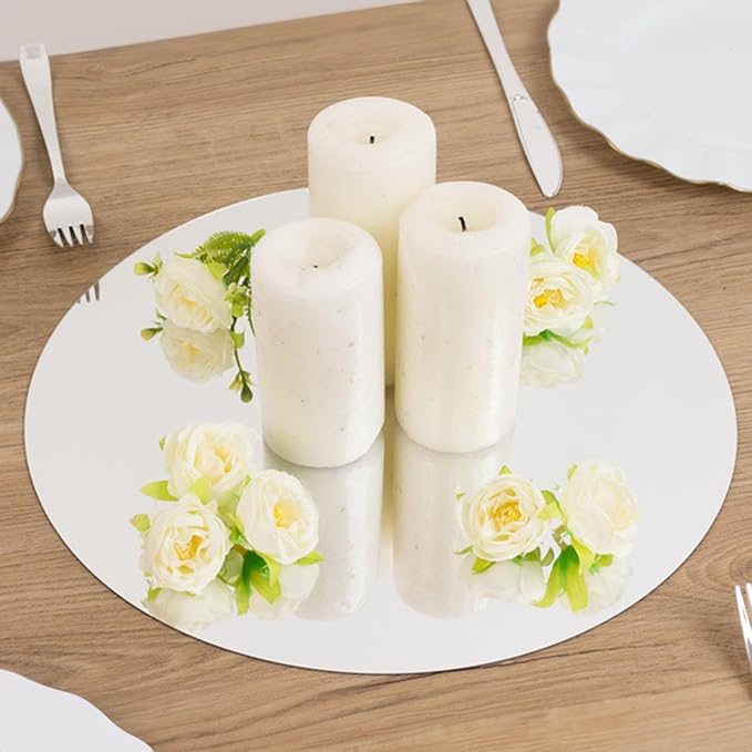 Efavormart 10 Pack Silver Round Acrylic Mirror Tray for Decoration, Large Circle Candle Plate Centerpiece Bases - 14"