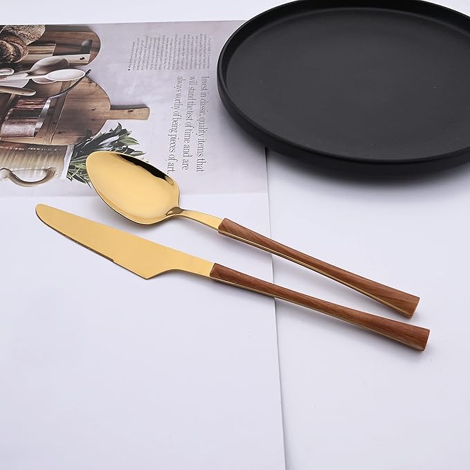 24PCS Faux Wooden Handle Flatware Set For 6 Family Stainless Steel Silverware Set Include Knifes Forks Spoons and Teaspoons Gold Tableware Cutlery Set Eating Utensils for Home Kitchen Restaurant