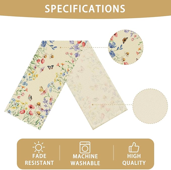 Retro Butterfly Flowers Table Runner Seasonal Spring Kitchen Dining Linen Table Decoration for Indoor Outdoor Home Party Decor 13 x 72 Inch