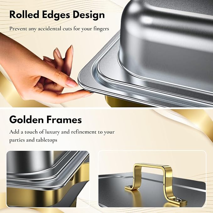 Gold Chafing Dishes for Buffet Set of 6, 9.5QT Chafing Dish Buffet Set, Chafers and Buffet Warmers Set, Stainless Steel Food Warmers for Parties Buffet, Party Food Warmer Buffet Set with Tongs