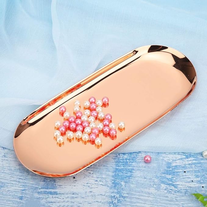 Oval Metal Trays, Stainless Steel Decorative Tray Serving Plate Vanity Trays, Bathroom Candle Trays Fruit Snacks Tray, 23 x 9.5cm (Rose Gold)