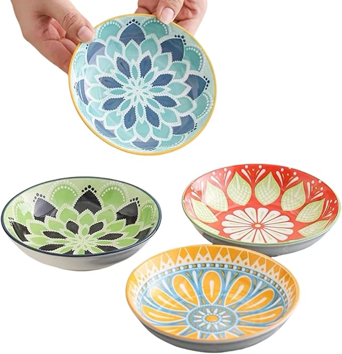 Set of 4 10 OZ Colorful Ceramic Dessert Bowls Bohemian 6 inch Serving Dishes Cute Shallow Bowls for Appetizer,Side Dishes,Sushi,Salad,Snack,Icecream,Fruit,Microwave Dishwasher Safe