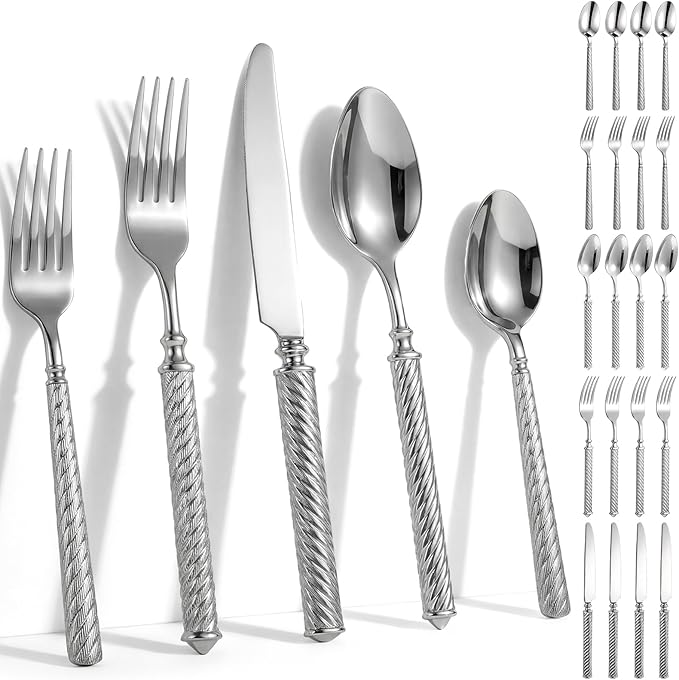 20 Pcs Retro Sliver Silverware Set for 4 Handcrafted Vintage Rope-texture 18/10 Stainless Steel Flatware Set Metal Serving Utensils Mirror Polished Cutlery for Restaurant, Dishwasher Safe