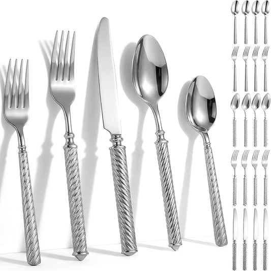20 Pcs Retro Sliver Silverware Set for 4 Handcrafted Vintage Rope-texture 18/10 Stainless Steel Flatware Set Metal Serving Utensils Mirror Polished Cutlery for Restaurant, Dishwasher Safe