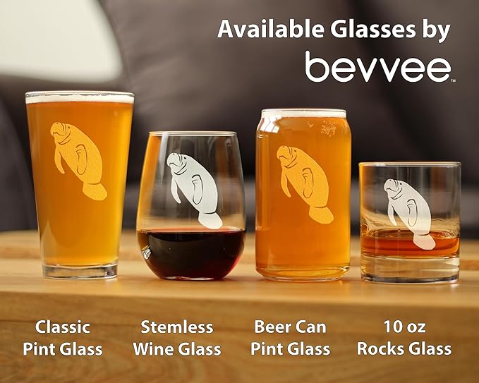 Bevvee Manatee Stemless Wine Glass - Funny Ocean Animals Themed Decor and Gifts for Sea Creature Lovers - Large 17 Oz