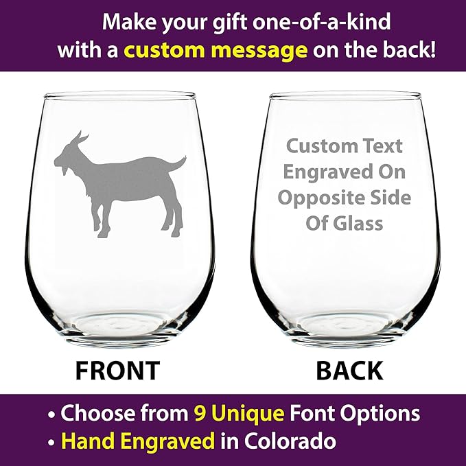 Custom Goat Personalized Stemless Wine Glass - Farm Animal Themed Decor and Gifts for Goat Lovers - Large 17 Oz - Customized Wine Glass Gift