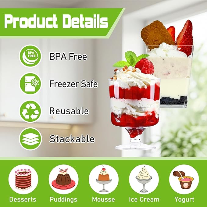 200 Pack 5 oz Plastic Dessert Cups with Spoons, Disposable Goblet Parfait Pudding Jello Shooter Cups for Party Serving, Clear Ice Cream Bowls for Fruit Trifle Yogurt Mousse Appetizer Snack Nuts
