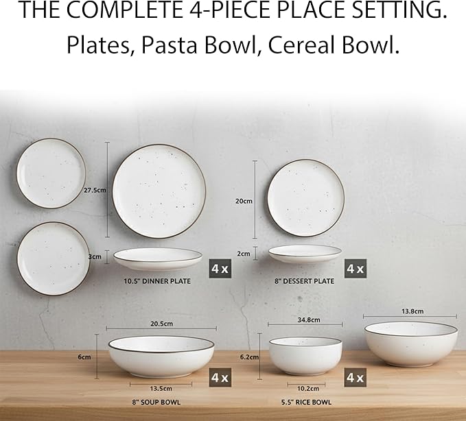 Dinner Set 16 PCS – Premium Ceramic Tableware in White – Includes 4 Dinner Plates, 4 Side Plates, 4 Rice Bowls & 4 Soup Bowls – Durable, Stylish & Microwave Safe