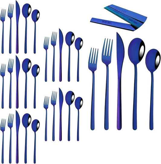30pcs Korean Style Silverware Set Reusable Metal SUS304 Stainless Steel Fork Spoon Set Metal Portable Flatware Set Utensils Dishwasher Safe Mirror - Blue