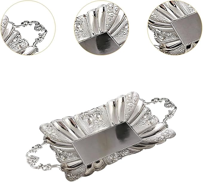 Metal Serving Tray with Handles 11.02x5.51x2.05inch European Style Mirror Fruit Plate for Candy Cupcake Dessert Bar Countertop Table Centerpiece Decor- Silver