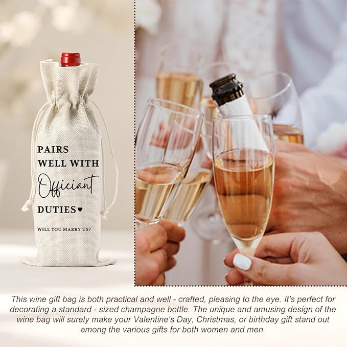 Wedding Officiant Gift, Engagement Wine Bag, Bridal Shower Gift, Thank You Gifts for Officiant, Burlap Bottle Bags With Drawstring for Wedding Reception Event Party Dinner Bachelorette Party