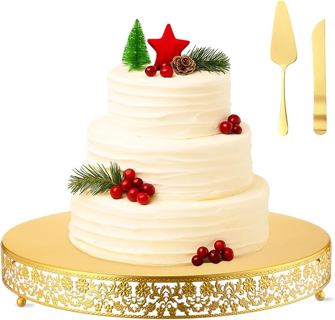 Wenqik 18 Inch Christmas Cake Stand Gold Metal Round Cupcake Dessert Stand with Cake Cutting, Spatula Xmas Cupcake Pastry Display Candy Holder Display for Xmas Wedding Birthday Party(flower, 18 Inch)