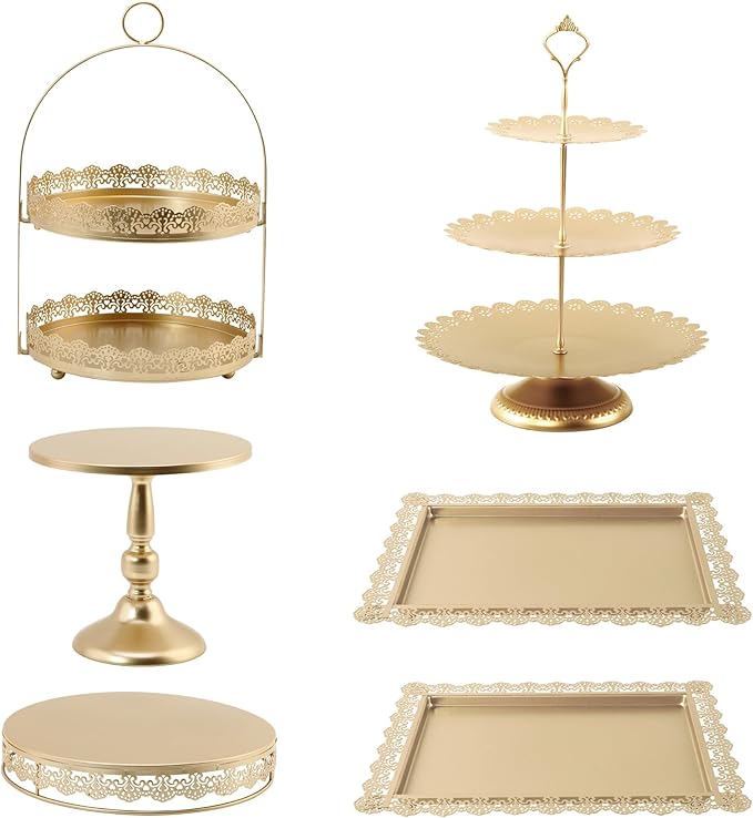 6 Pcs Gold Cake Stands Set, QENUIITEA Cake Display Pedestal Tiered Cupcake Holder Dessert Plate Serving Tower Tray Decorative for Wedding Birthday Party Baby Shower Celebration