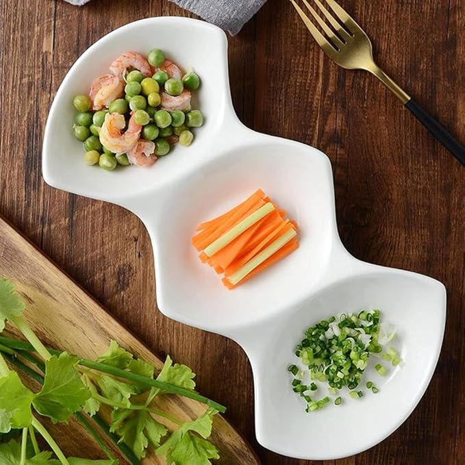 Ceramic cutlery salad bowl 19 Oz Sauce Dish White Ceramic 3 Compartment Divided Appetizer Plates Soy Sauce Dipping Dishes Ketchup Vinegar Appetizer or Snack Dessert Condi,White-12.99×6.14×1.89in