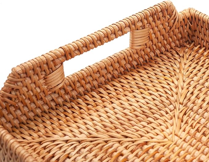 Rattan Serving Tray with Handles, Rectangular Wicker Basket Tray, Hand Woven Flat Basket for Coffee Table Dinning Room Bathroom (17 x 11.4 x 1.8 inch)