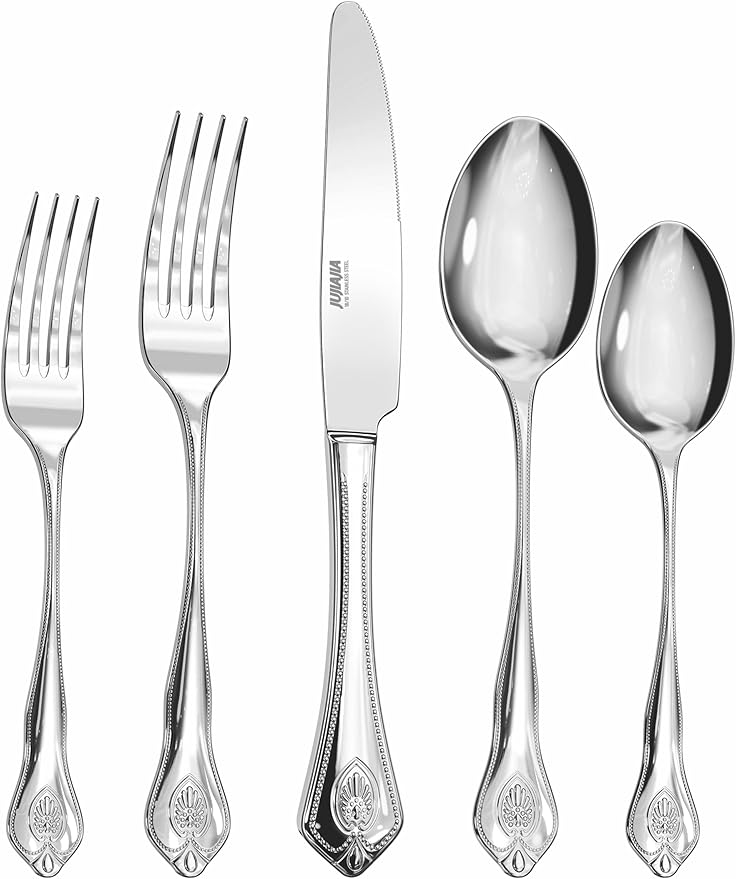18/8 Stainless-Steel 5-Piece Silverware Set, Elegant Flatware Set Mirror Polished Beaded Edge, Cutlery Set Include Knife/Fork/Spoon, Dishwasher Safe