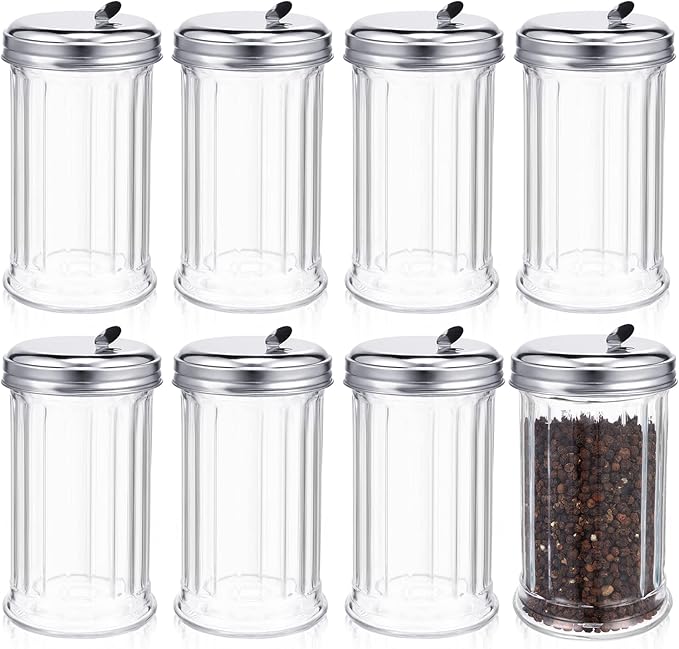 Mimorou 8 Pcs Glass Sugar Shaker Pourer Dispenser 12 oz Retro Style Sugar Pour Dispenser Container Vintage Glass Jar with Stainless Steel Lid for Coffee Bar