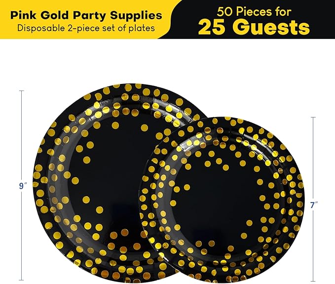 Paper Plates for Party 50 Sets, 9'' & 7'' Paper Plates, Golden Dot Plates Party Supplies for Baby Shower Birthday Wedding