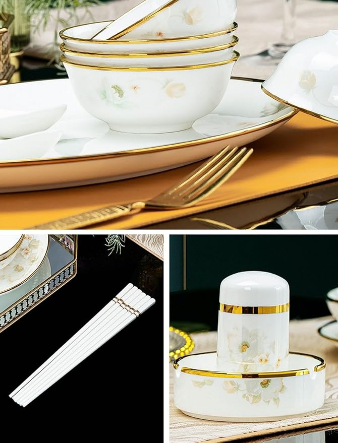 White Porcelain Tableware Set, 58 Pieces Of Bone China Bowls And Plates, High Temperature Fired Healthy Tableware, 24k Gold Decorative Tableware, Heat-resistant High-density Porcelain
