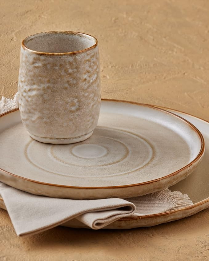 Stone by Mercer Project SHOSAI 16-Piece Stoneware Dinnerware Set, Plates and Bowls Set, Modern Dishware set fo 4, Sand