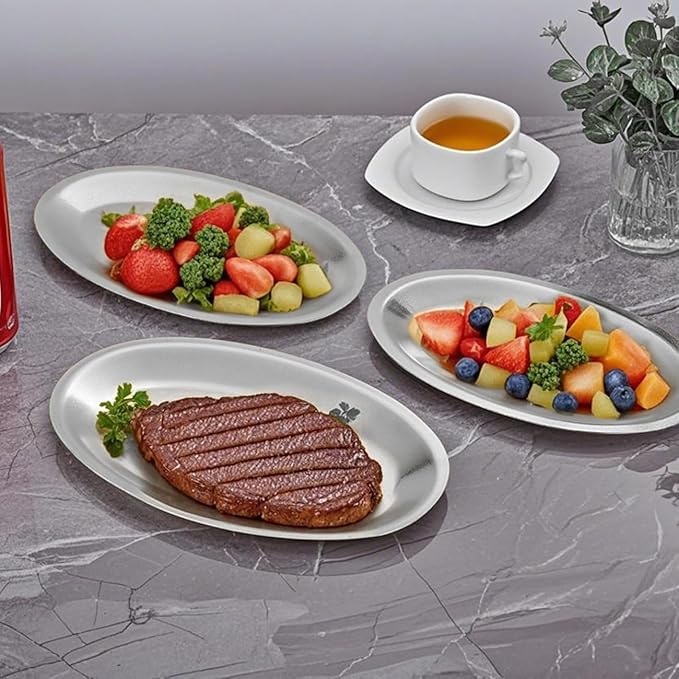 SANQIAHOME 9.9x6.1 Inch Thick Stainless Steel Dinner Plate 2-Piece Set, Egg-Shaped Appetizer Plate,Silver