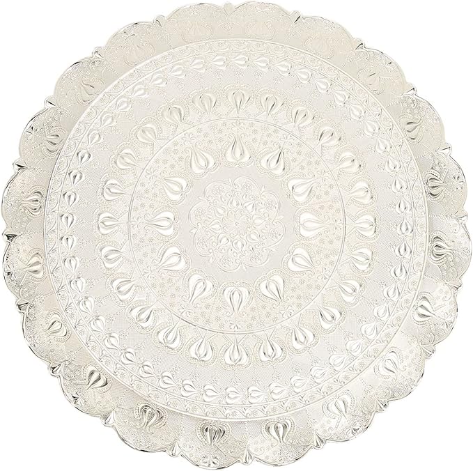 Qinlorgo Turkish Coffee Tray Round Dessert Coffee Tray (Silver)