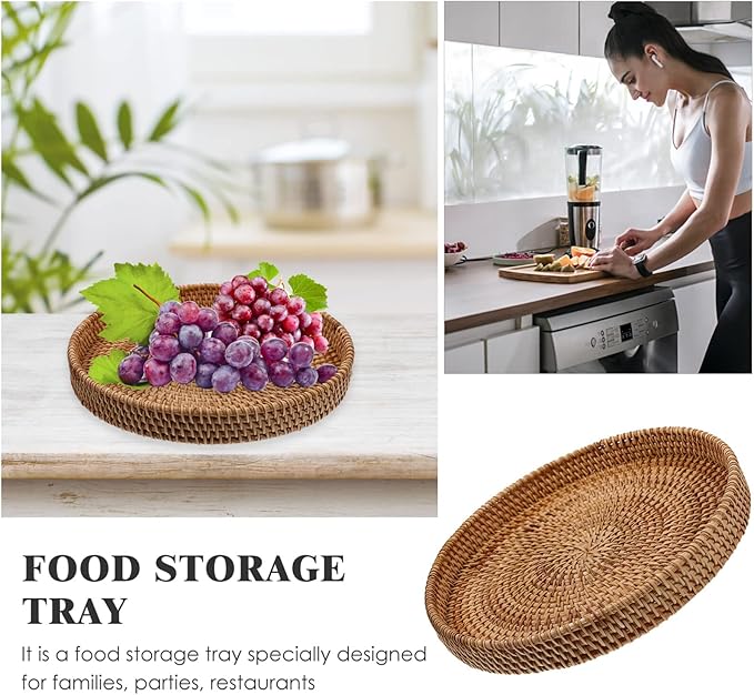 DOITOOL Stackable Rattan Serving Tray Multi-Function Woven Fruit Plate for Snacks Desserts and Coffee Storage for Home Decor and Entertaining