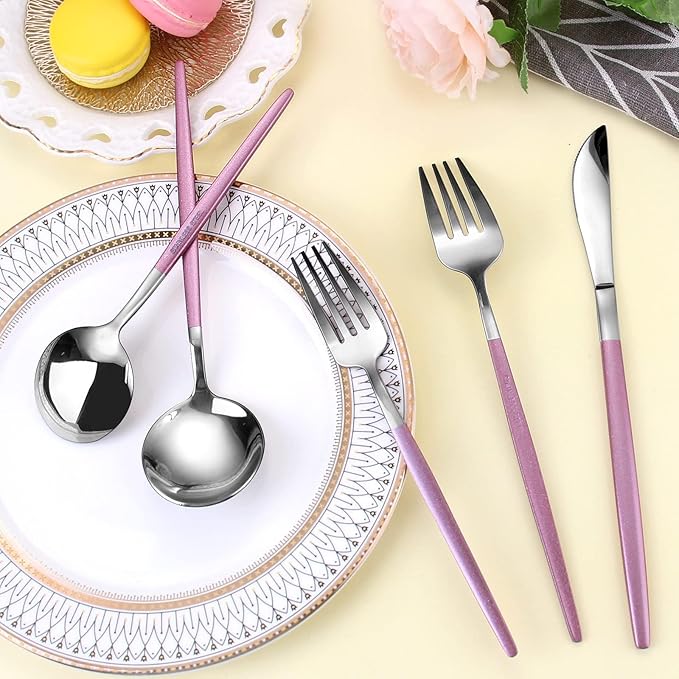 20-Piece Silverware Set With Pink Handle,LAZAHOME Stainless Steel Cutlery Set Service for 4,Kitchen Utensils Set Included Knife Spoon and Fork Set- Mirror Polished & Dishwasher Safe