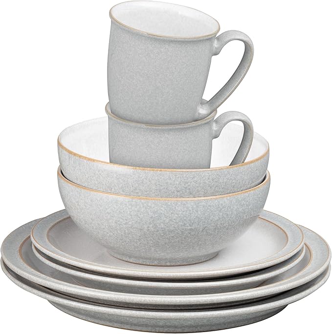 Denby - Elements 8 Piece Dinner Set For 2 - Light Grey, Dishwasher, Microwave Safe, Oven Proof Plate & Bowl Set - 4 x Lunch Plates, Dinner Plates, Cereal Bowls & Coffee Mugs - Chip Resistant Tableware