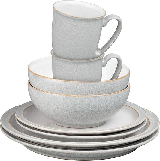 Denby - Elements 8 Piece Dinner Set For 2 - Light Grey, Dishwasher, Microwave Safe, Oven Proof Plate & Bowl Set - 4 x Lunch Plates, Dinner Plates, Cereal Bowls & Coffee Mugs - Chip Resistant Tableware