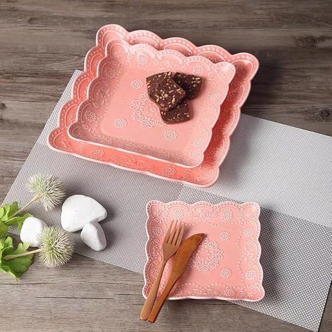 Eplze YBK Tech Elegant Square Embossed Lace Plate Bone China Dessert Plate Ceramic Plate for Breakfast Afternoon Tea (Pink, 10-inch)