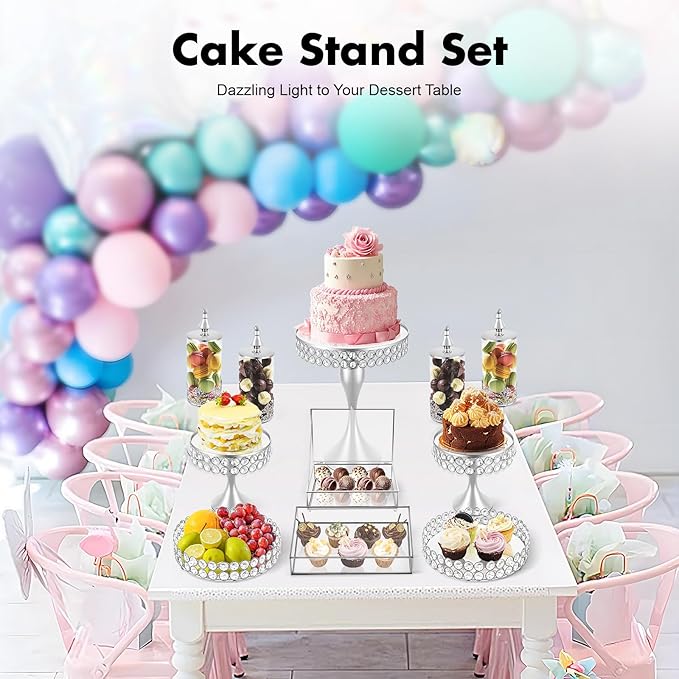 11-Piece Cake Stand Set, Silver Tiered Dessert Display Stands with Glass Trays & Acrylic Domes, Multi-Level Serving Platters for Wedding, Birthday Party, and Bakery Display