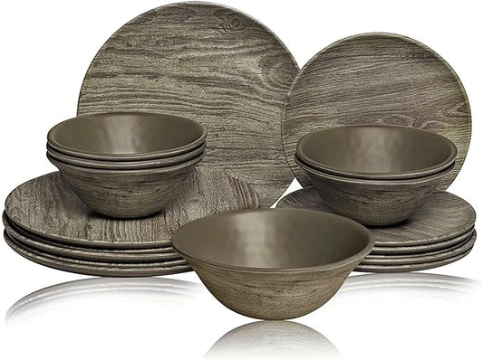 TP 18-Piece Dinnerware Set, Melamine Dishes Set with Bowls and Plates, Service for 6, Non-breakable Lightweight Dining Tableware, Grayish-brown Wood Grain