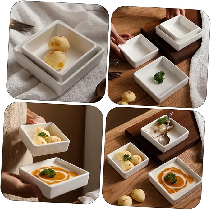 PRETYZOOM 2Pcs Ceramic Square Dessert Bowls for Sauce Snacks Pudding and Appetizers Kitchen Storage Plates for Home Restaurant Buffet and Hot Pot Use