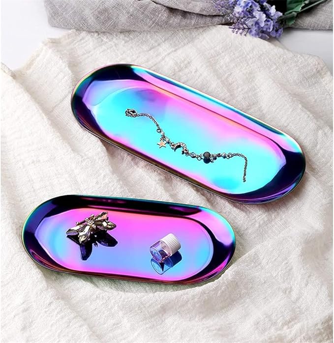 Serving Tray Oval Stainless Steel Tray Fruit Trays Storage Tray Serving Plate Cosmetics Jewelry Decorative Organizer for Coffee, Dessert, Fruit.-Gold||Small