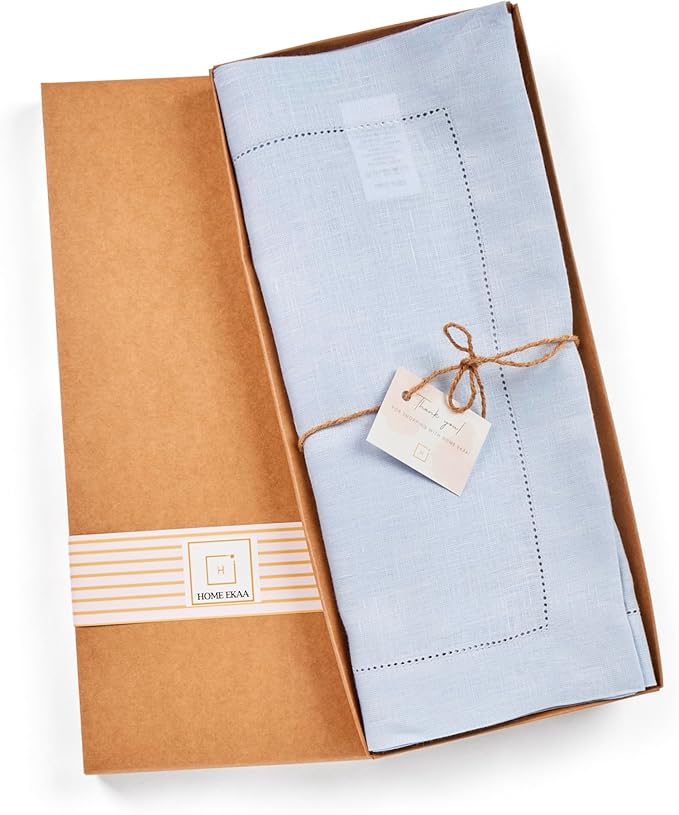 Home Ekaa Light Blue 100% Pure Linen Table Runner 72 inches – Hemstitch Coffee Table Runner 14x72 Inch Ideal for Dresser and Coffee Tables – Fall, Christmas, Winter, Holiday & New Year- Elara