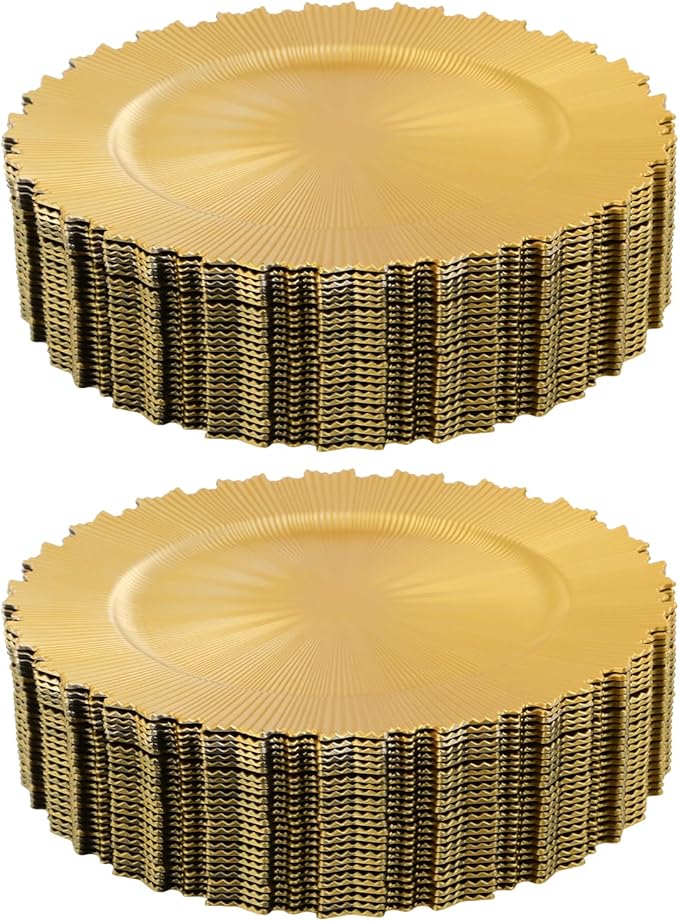 50 PCS Charger Plates Bulk, 13 Inch Plastic Round Charger Dinner Plates Jagged Edge Service Plates Decorative Chargers Bulk for Table Setting Wedding Party Event(Gold)