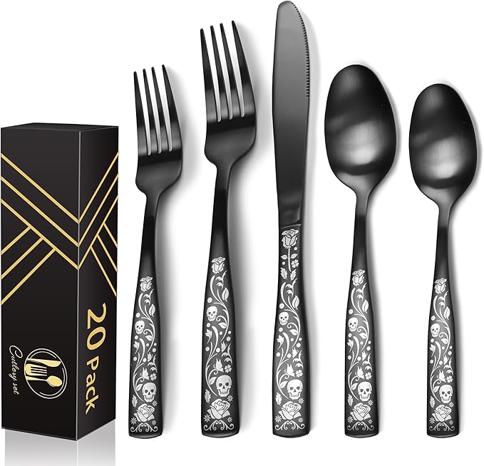 20-Piece Matte Black Silverware Set for 4, Skull Rose Cultery Set 18/0 Stain Finish Stainless Steel, Gothic Skeleton Pattern Decorative Flatware Set, Daily Halloween Party Event Serving For 4