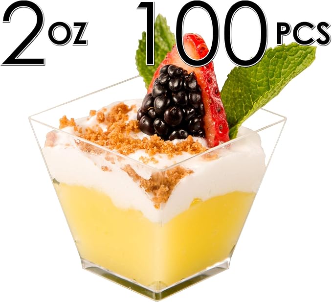DLux 100 x 2oz Square Mini Dessert Cups (No spoons), Clear Plastic Parfait Appetizer Cup - Small Reusable Serving Bowl for Tasting Party Desserts Appetizers - With Recipe Ebook