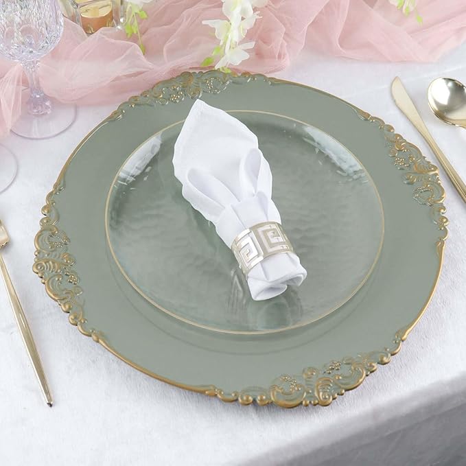 13" Charger Plates -Set of 12 - Acrylic Dusty Sage Green Round Baroque Disposable Chargers Leaf Embossed Rim, Ideal for Dinner Party Wedding Bulk Events