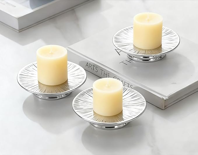 ADAVAS.Y&G Ceramic Silver Candle Plate Set, 3-Piece – Decorative Candle Holder Tray for Pillar Candles, Jewelry, Trinkets or Bathroom Counter – Elegant Silver Finish for Tabletop & Home Décor