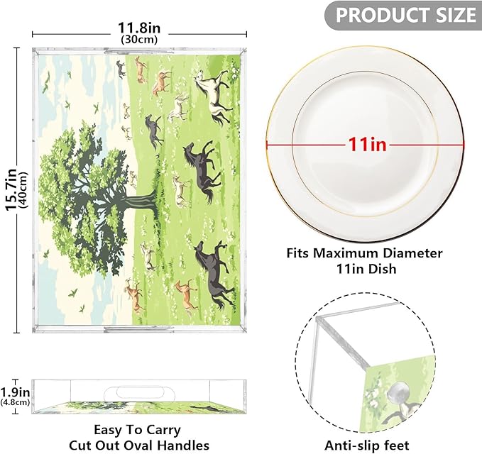 Serving Tray with Handles Clear Acrylic Tray 12x16 Inch Decorative Rectangular Tray Organizer for Ottoman Coffee Table Bathroom Green Grassland Tree and Horses