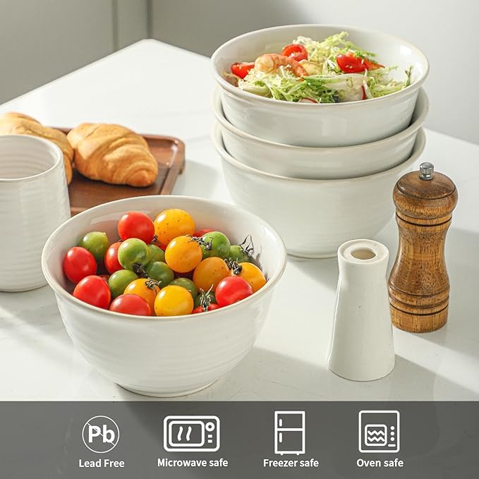 Cereal Bowls Set of 4, 40 Ounce Serving Bowls for Soup Salad Pasta Popcorn Oatmeal Breakfast, Durable Deep Ceramic Bowls, Microwave Safe & Dishwasher Safe, White
