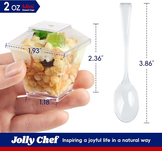JOLLY CHEF 100 Pack 2 oz Mini Dessert Cups with Spoons and Lids, Square Tall Clear Plastic Parfait Appetizer Cup Small Serving Bowl for Party Desserts Appetizers